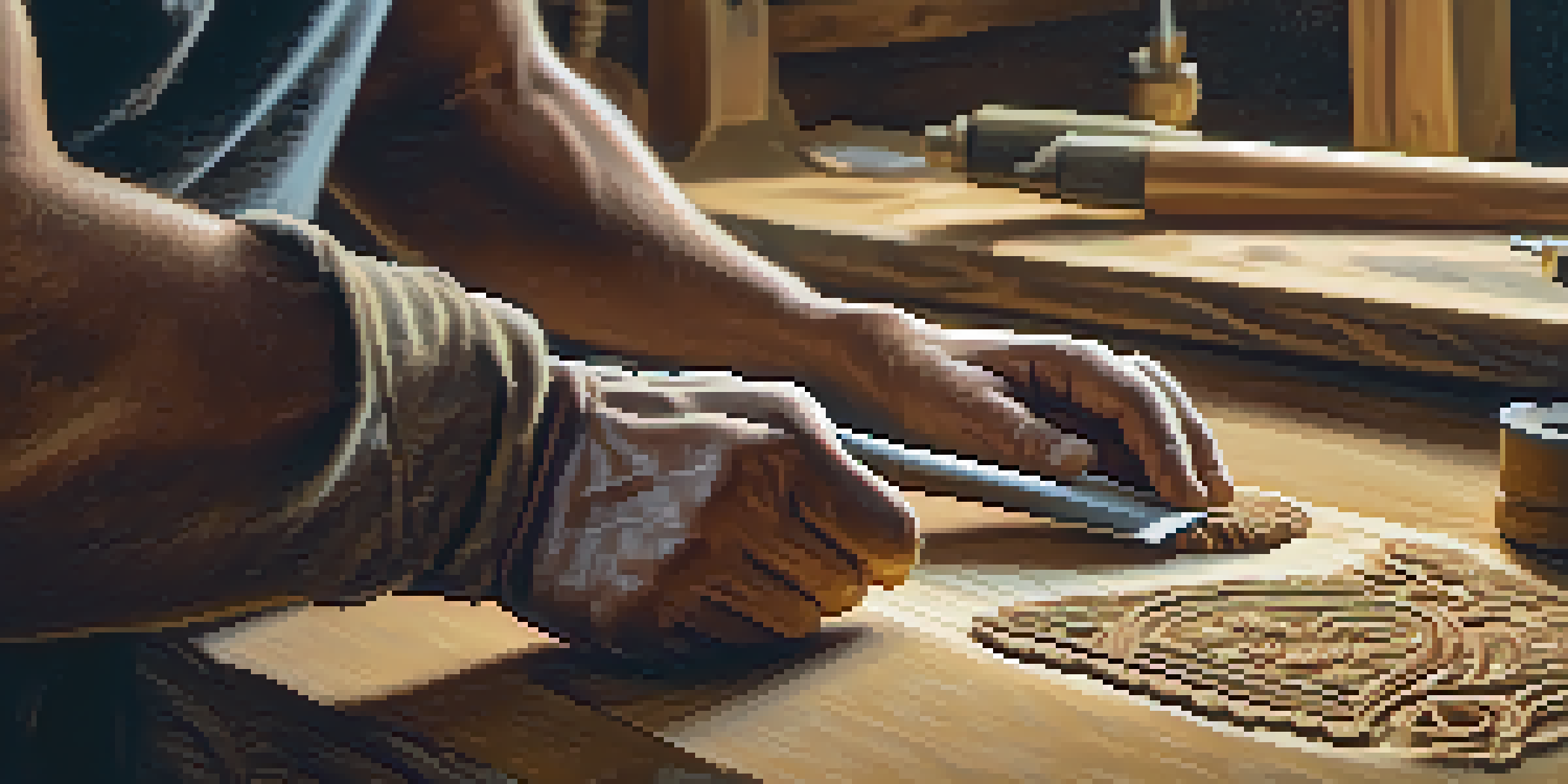 An artisan chiseling designs into wood, with sunlight streaming through a window in a workshop.