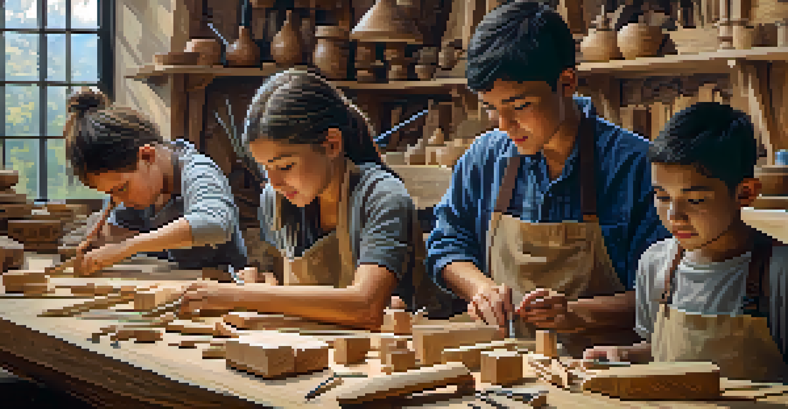 A close-up of young participants working on wood carvings in a workshop, with tools and finished pieces on the table, showcasing collaboration and learning.