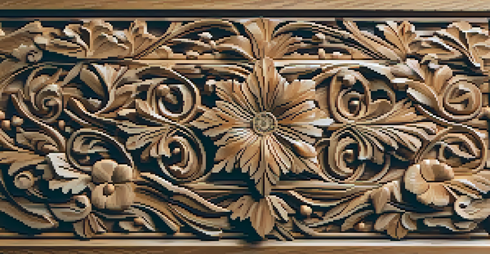 A close-up of a floral relief carving on wood, featuring intricate details and textures, illuminated by soft warm lighting.