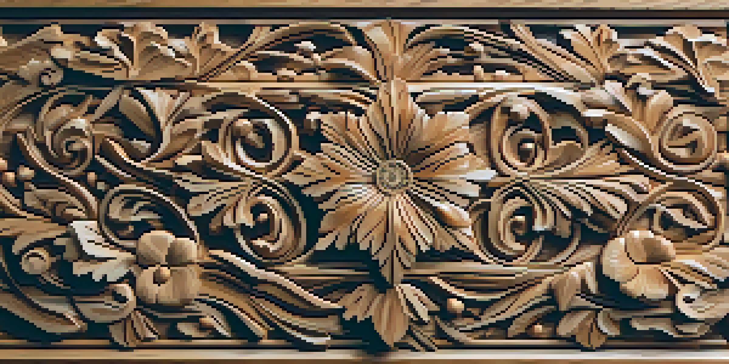 A close-up of a floral relief carving on wood, featuring intricate details and textures, illuminated by soft warm lighting.