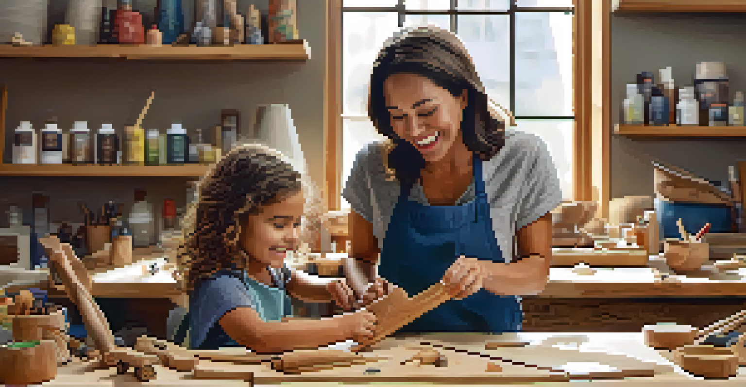 A parent helping a child with carving as they both smile, with the child holding a carved wooden figure in a tidy workspace filled with tools.