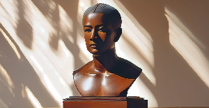 A wooden sculpture of an ancestral figure with intricate carvings, displayed on a pedestal in a warmly lit environment.