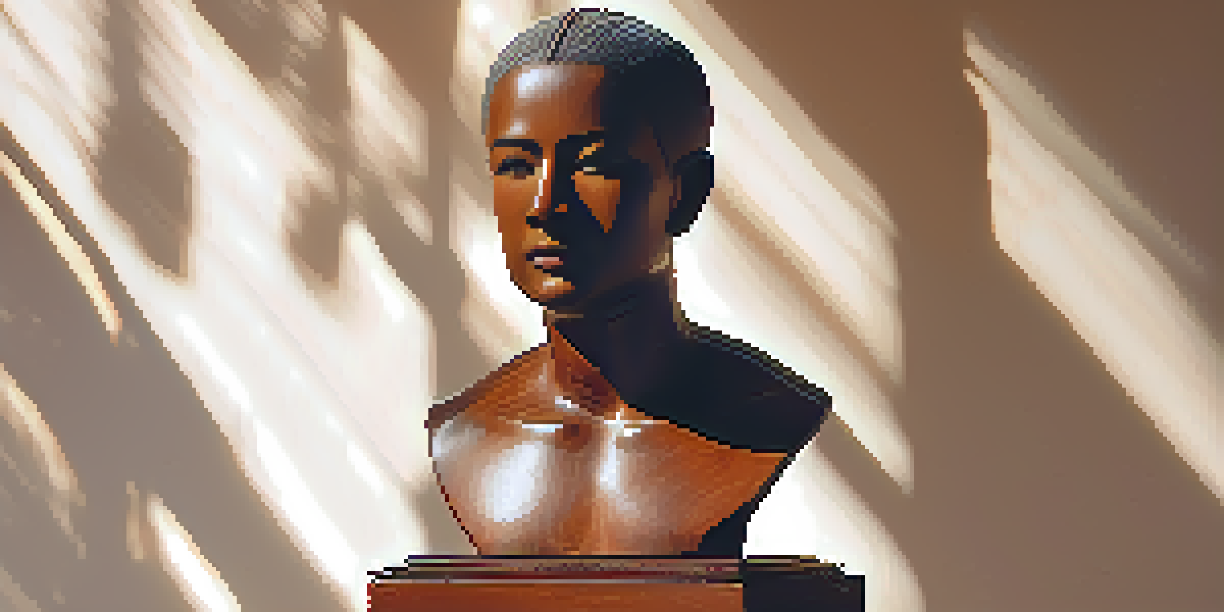 A wooden sculpture of an ancestral figure with intricate carvings, displayed on a pedestal in a warmly lit environment.