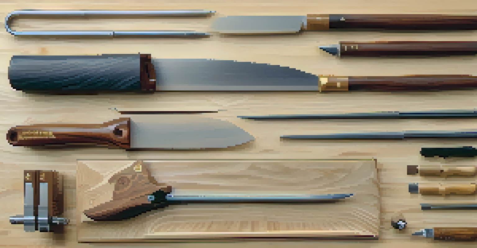 Overhead view of a carving workspace with chisels, a partially carved leaf design, and a sketch.