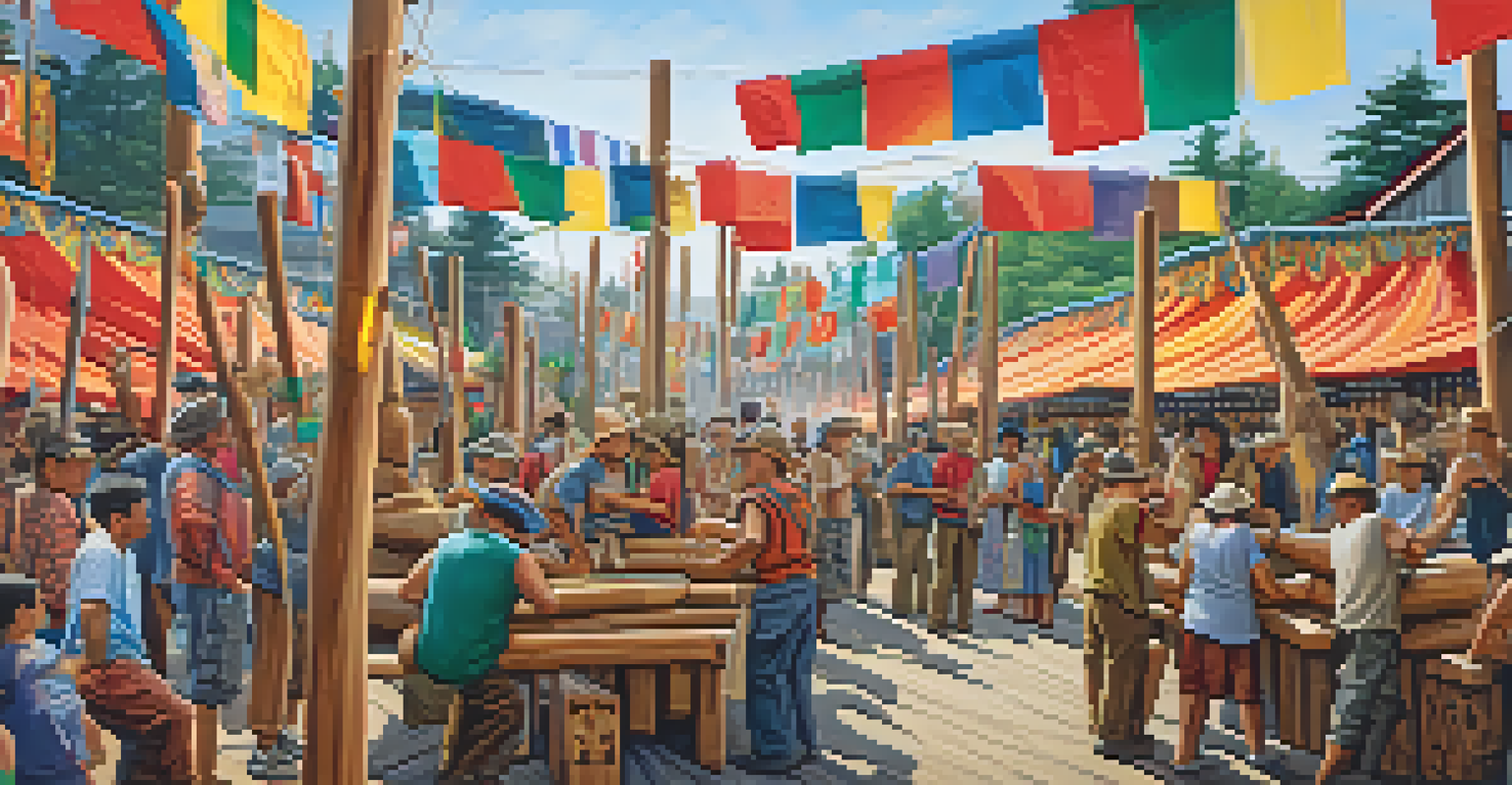 A community festival with wood carvers working on totem poles, surrounded by colorful decorations and a lively atmosphere.