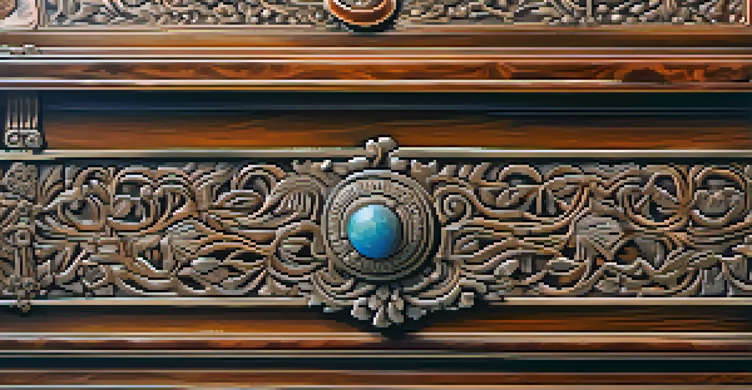 A close-up view of an intricately carved wooden chest, showcasing detailed patterns and polished surfaces in a softly lit environment.