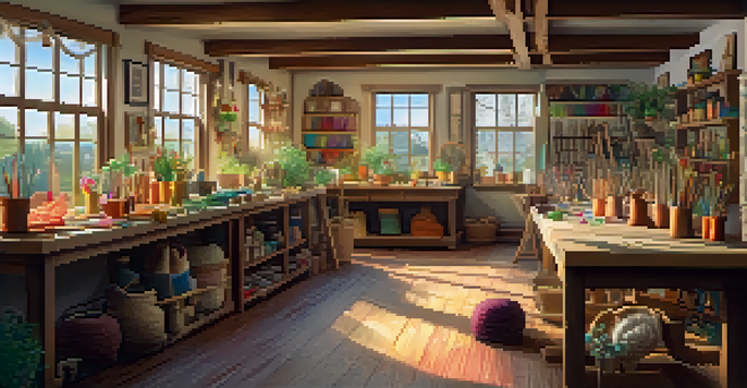 A bright and inviting crafting workshop where artisans are engaged in knitting and woodworking, surrounded by colorful materials and tools.