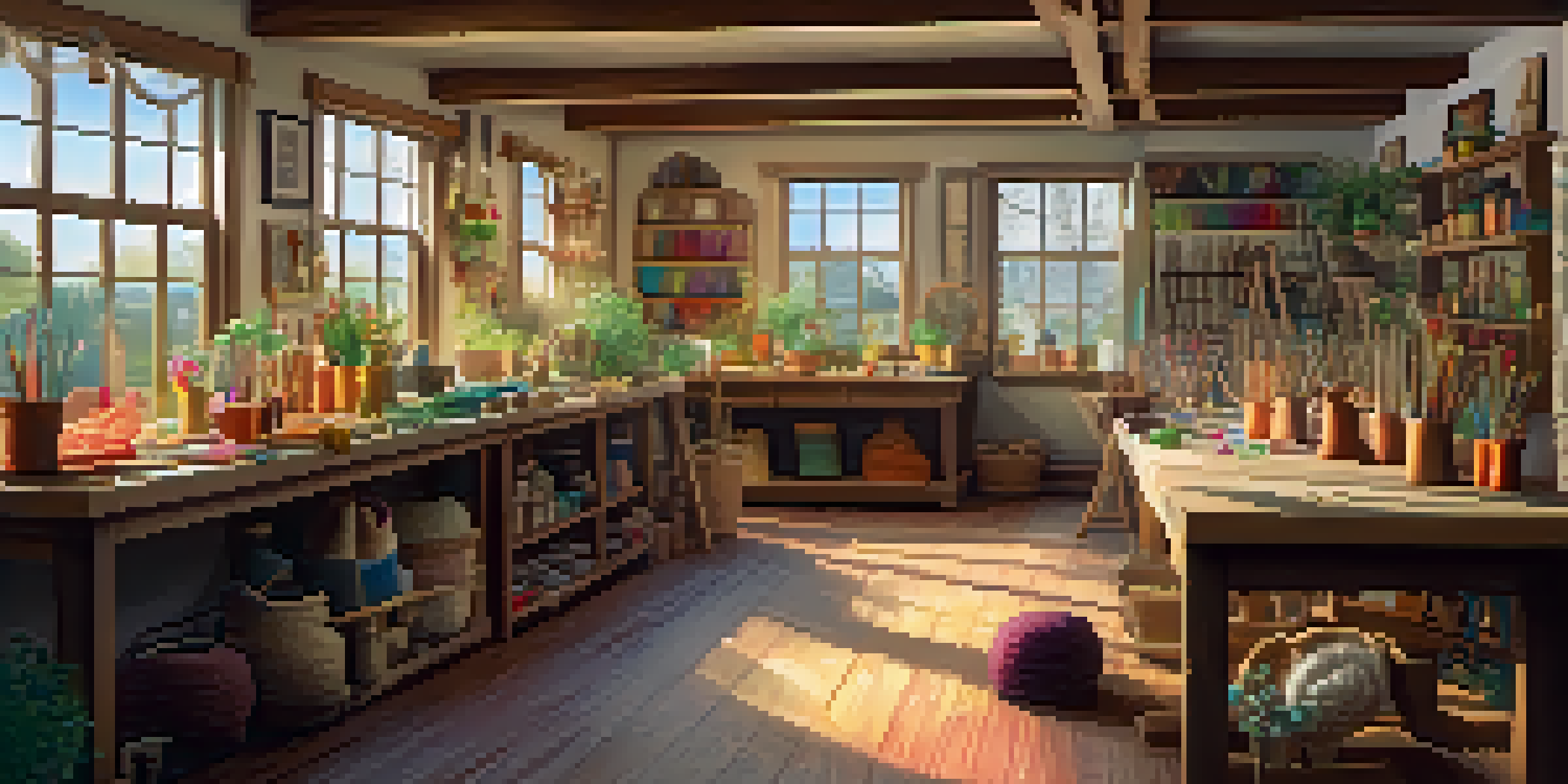 A bright and inviting crafting workshop where artisans are engaged in knitting and woodworking, surrounded by colorful materials and tools.