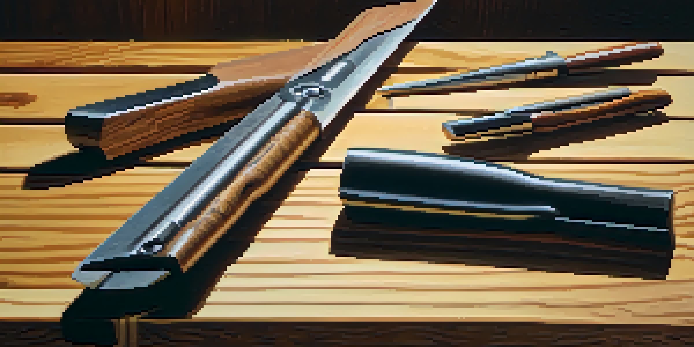 A close-up view of a wooden workbench displaying various chisels with different shapes and sizes in warm lighting.
