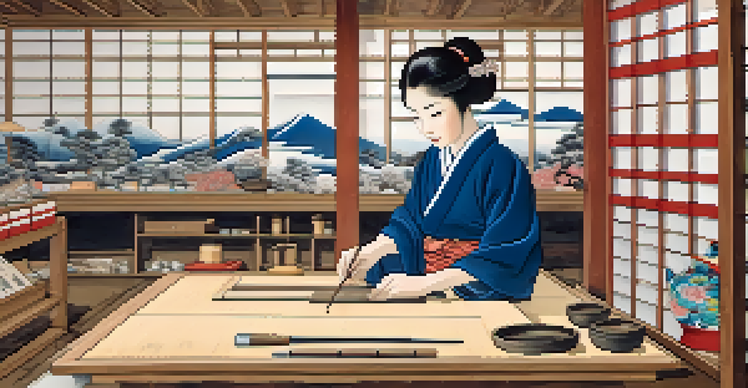 Artisans working in a Ukiyo-e print workshop, one carving wood and another applying ink to paper, surrounded by tools and colorful prints.