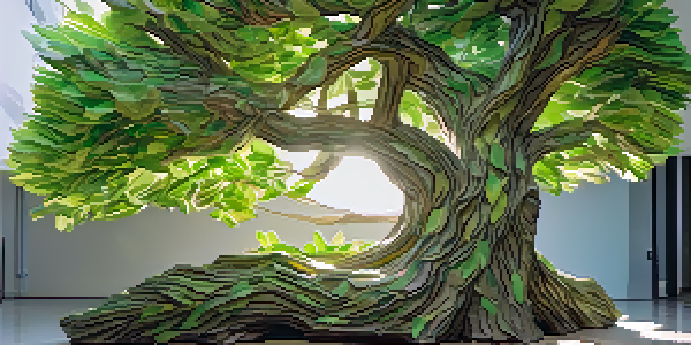 A colorful paper mache sculpture of a tree with textured trunk and green leaves in a sunny garden.