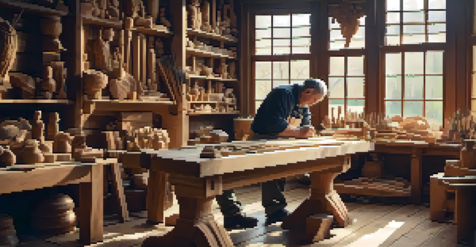 A woodcarver focused on creating an intricate sculpture, with tools and wooden textures in a warm, well-lit workshop.