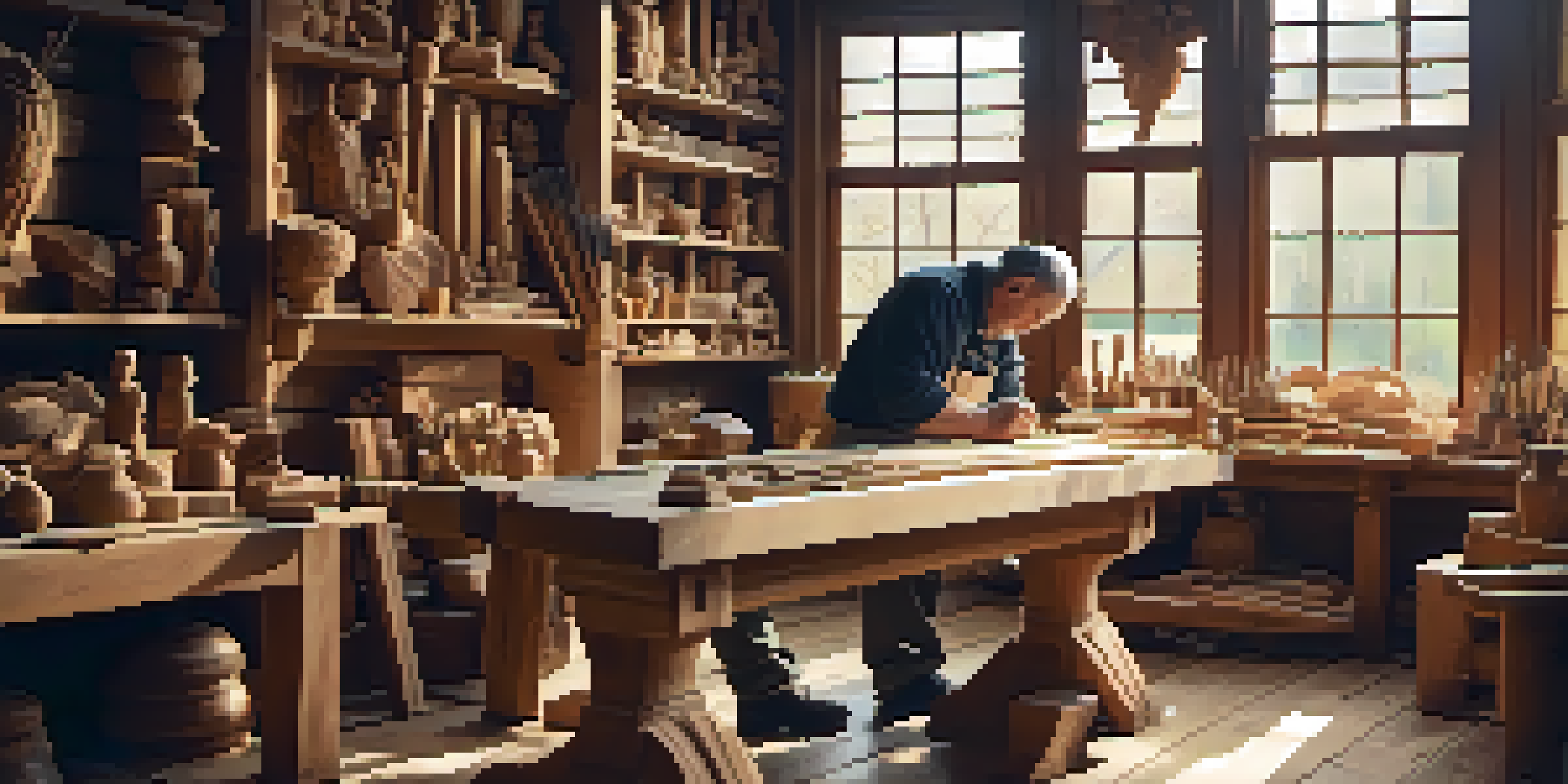 A woodcarver focused on creating an intricate sculpture, with tools and wooden textures in a warm, well-lit workshop.
