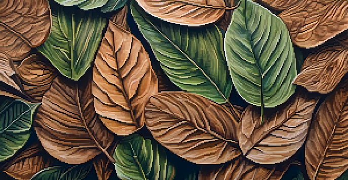 A close-up view of wooden leaves with intricate carvings, showcasing natural textures and patterns, set against a blurred green background.