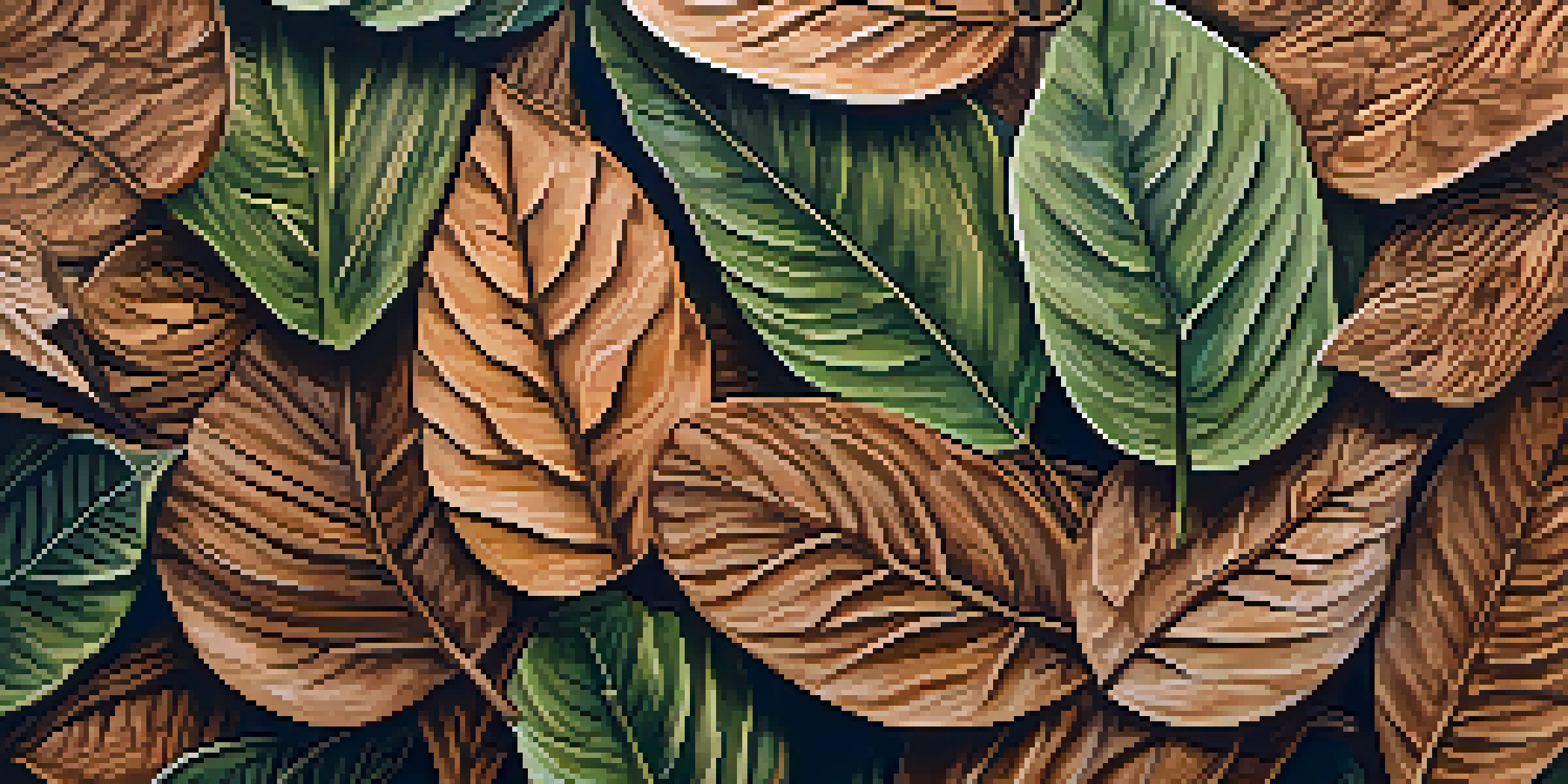 A close-up view of wooden leaves with intricate carvings, showcasing natural textures and patterns, set against a blurred green background.