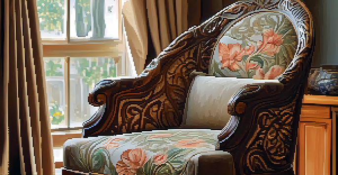 Close-up of a carved wooden chair with intricate floral patterns, illuminated by soft natural light in a cozy living room.
