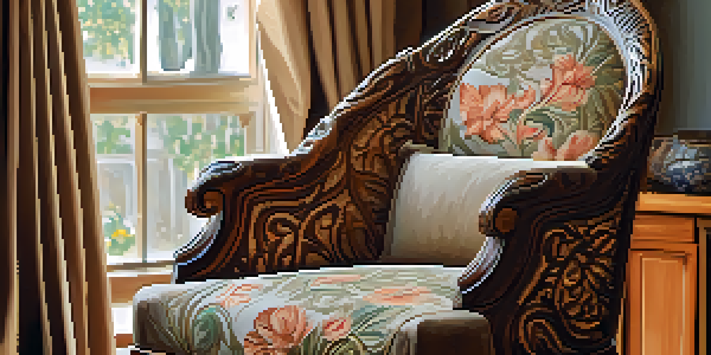 Close-up of a carved wooden chair with intricate floral patterns, illuminated by soft natural light in a cozy living room.