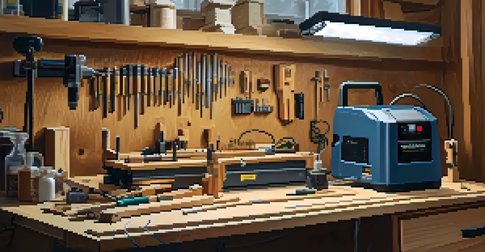 A clean woodworking workspace with an electric router, router bits, and a dust collection system on a workbench, illuminated by soft natural light.