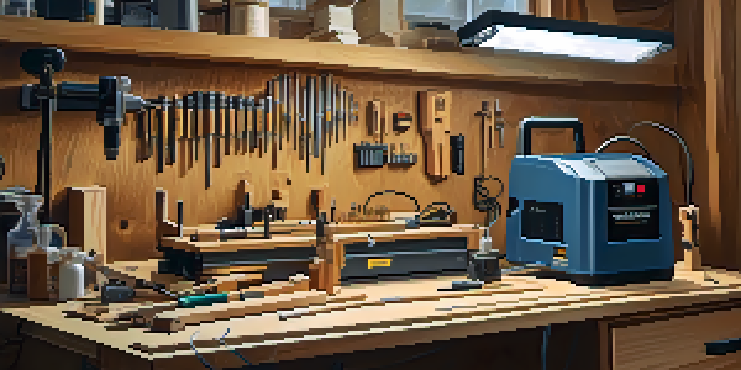 A clean woodworking workspace with an electric router, router bits, and a dust collection system on a workbench, illuminated by soft natural light.