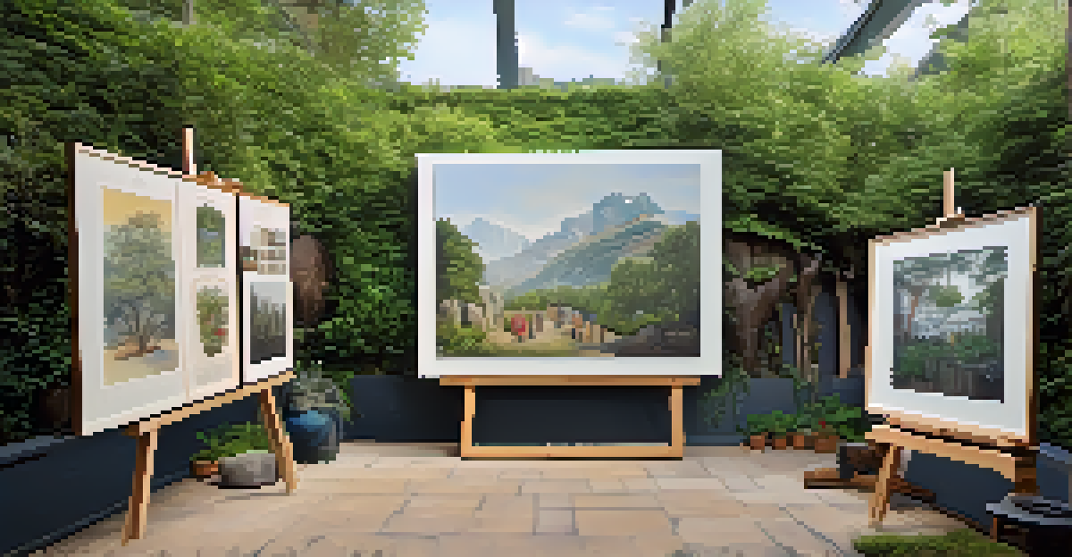 An outdoor exhibition displaying carved artworks from diverse artists, surrounded by nature.