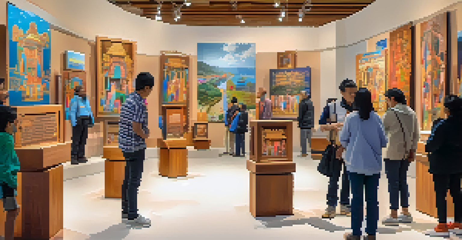 A community exhibition displaying various carved artworks, with people admiring the pieces in a vibrant gallery setting.