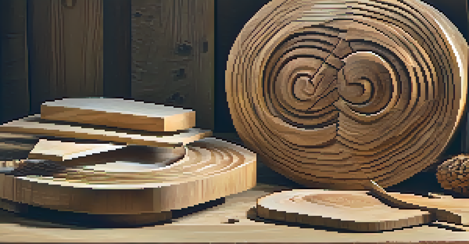 A finely carved wooden sculpture on a table, surrounded by power tools, under soft lighting.