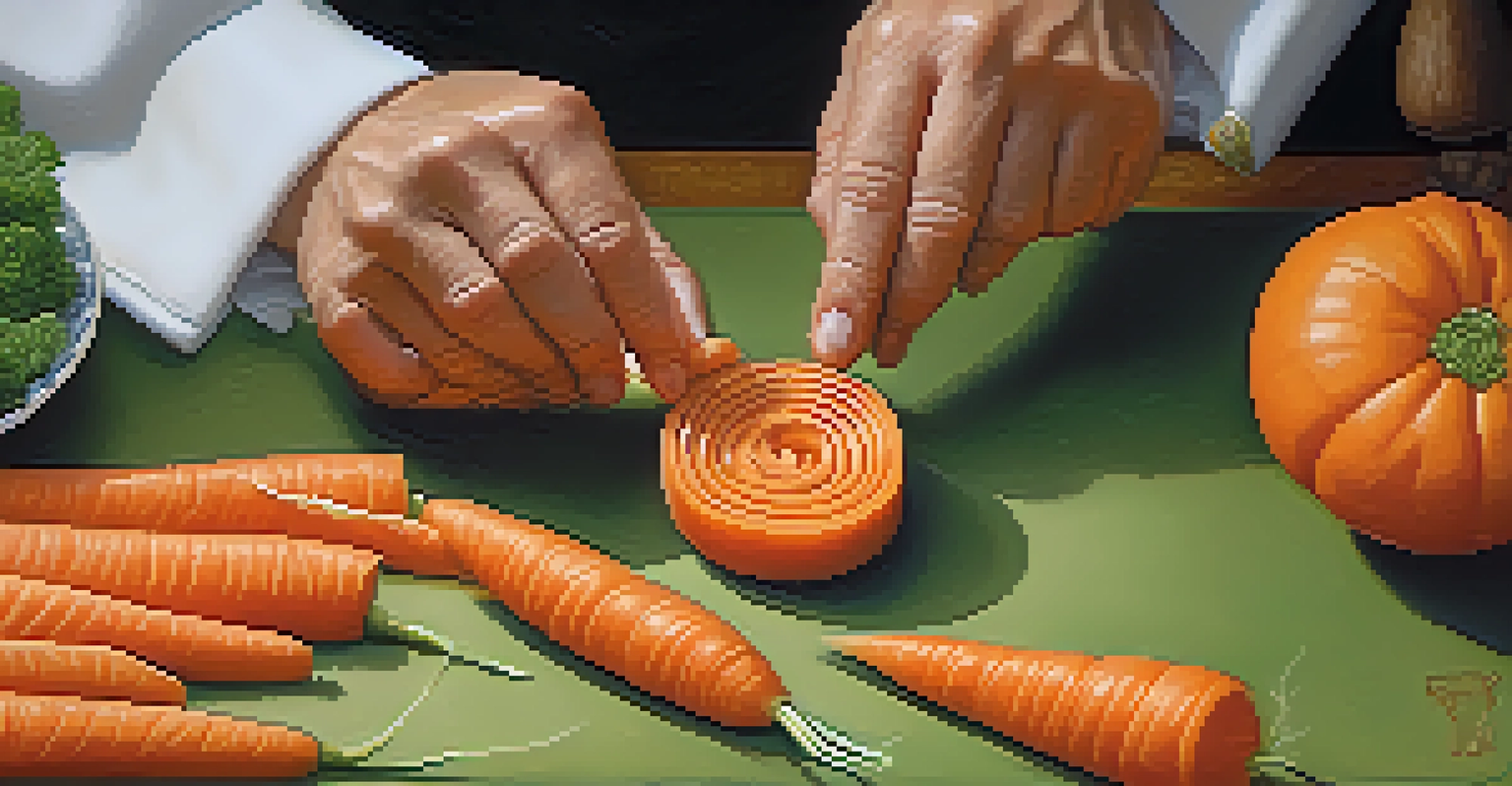 A chef's hands carving a spiral design into a carrot on a green cutting board.