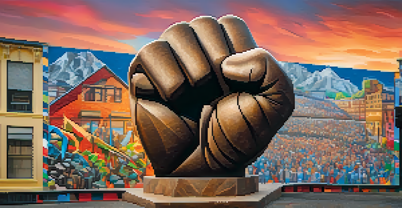 A large stone sculpture of a clenched fist against a colorful mural, symbolizing strength and unity, with dramatic lighting highlighting the textures.