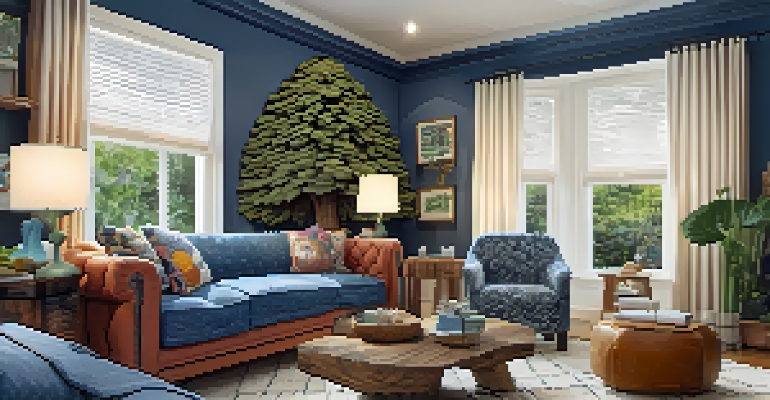 A cozy living room adorned with unique fabric carvings, including a tree design made from recycled denim, creating a warm atmosphere.
