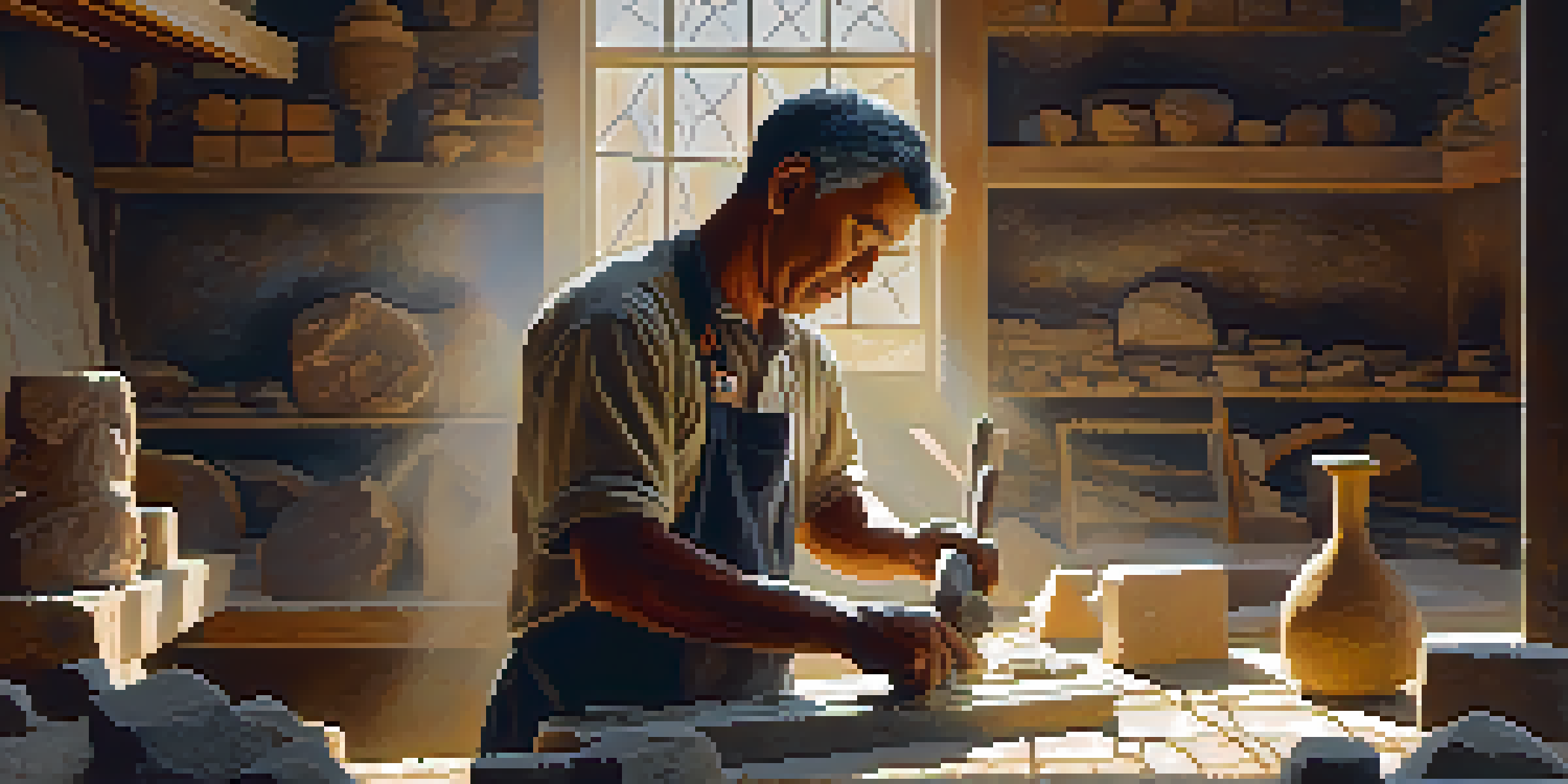 An artist chiseling a marble sculpture in a sunlit workshop, surrounded by stone blocks and tools.