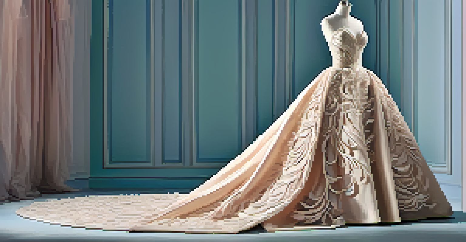 An elegant evening gown with carved textile patterns displayed on a mannequin against a pastel backdrop.