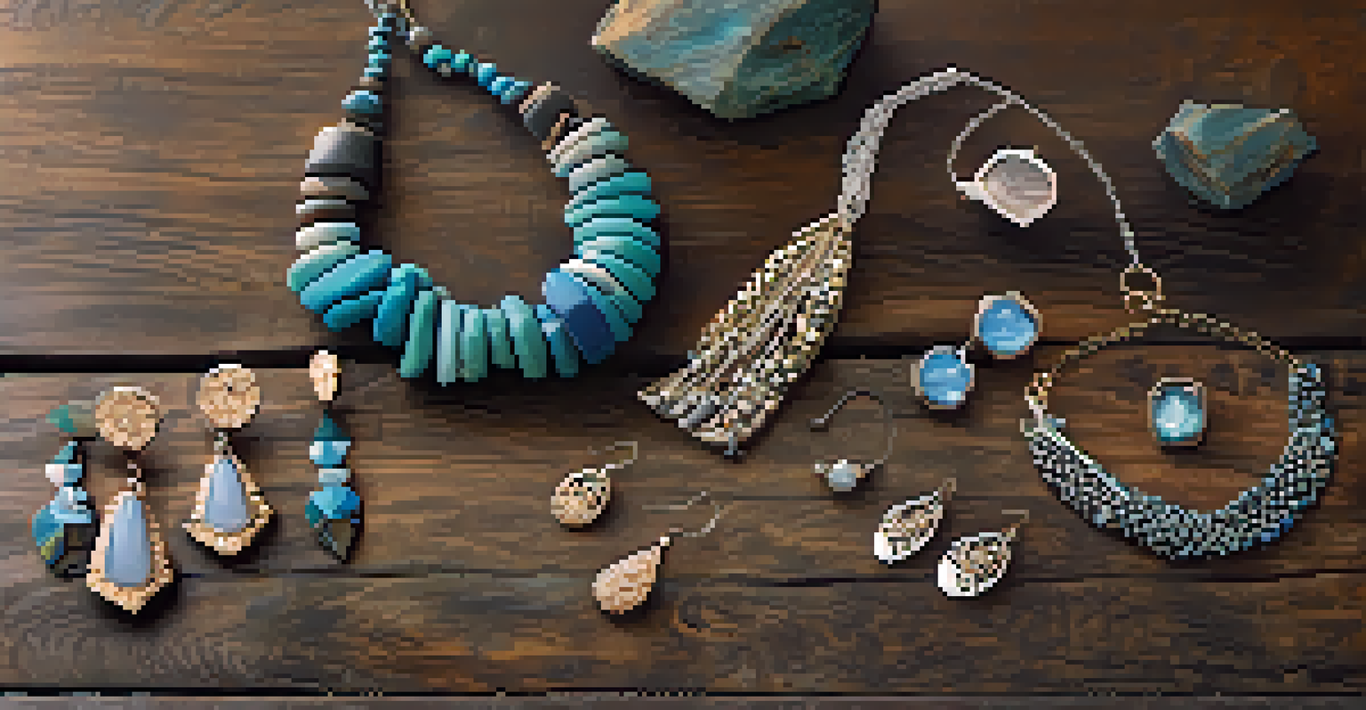 A collection of sustainable jewelry made from recycled materials displayed on a rustic wooden table, under natural light.