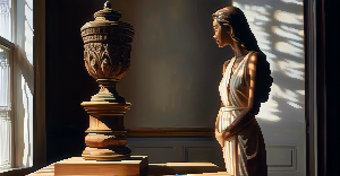 A wooden carved figure illuminated by soft light, revealing intricate details and dramatic shadows.