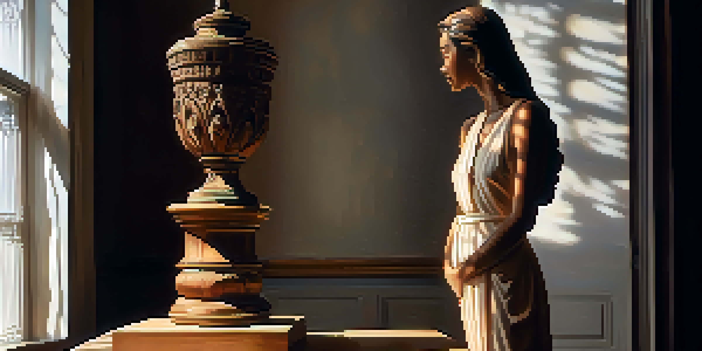 A wooden carved figure illuminated by soft light, revealing intricate details and dramatic shadows.