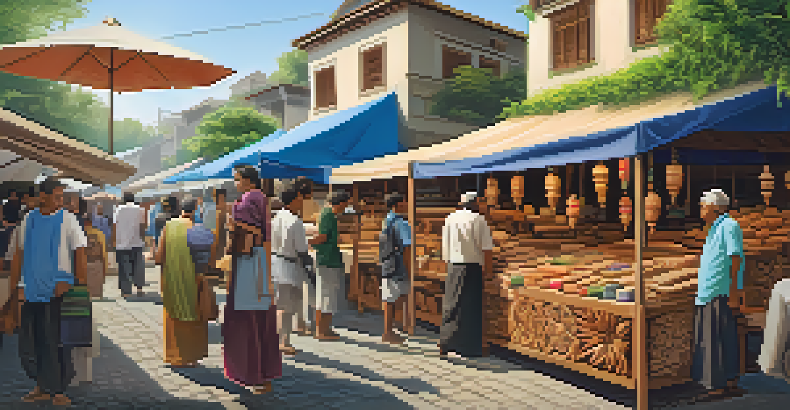 A lively market where local artisans display their sustainably carved wooden products, surrounded by visitors and colorful decorations.