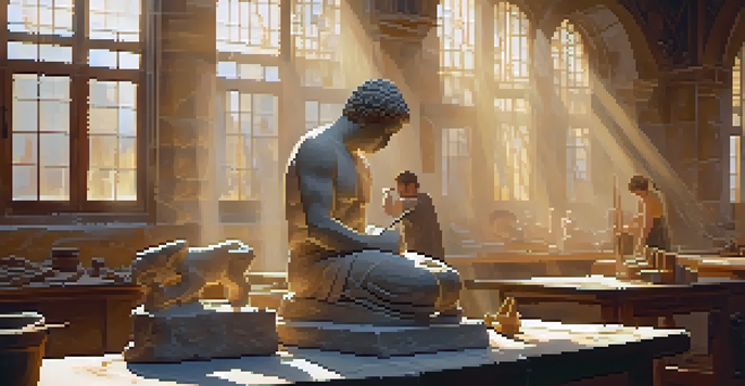 A stone carving workshop with a skilled artisan chiseling a marble statue, surrounded by hand tools and warm sunlight.