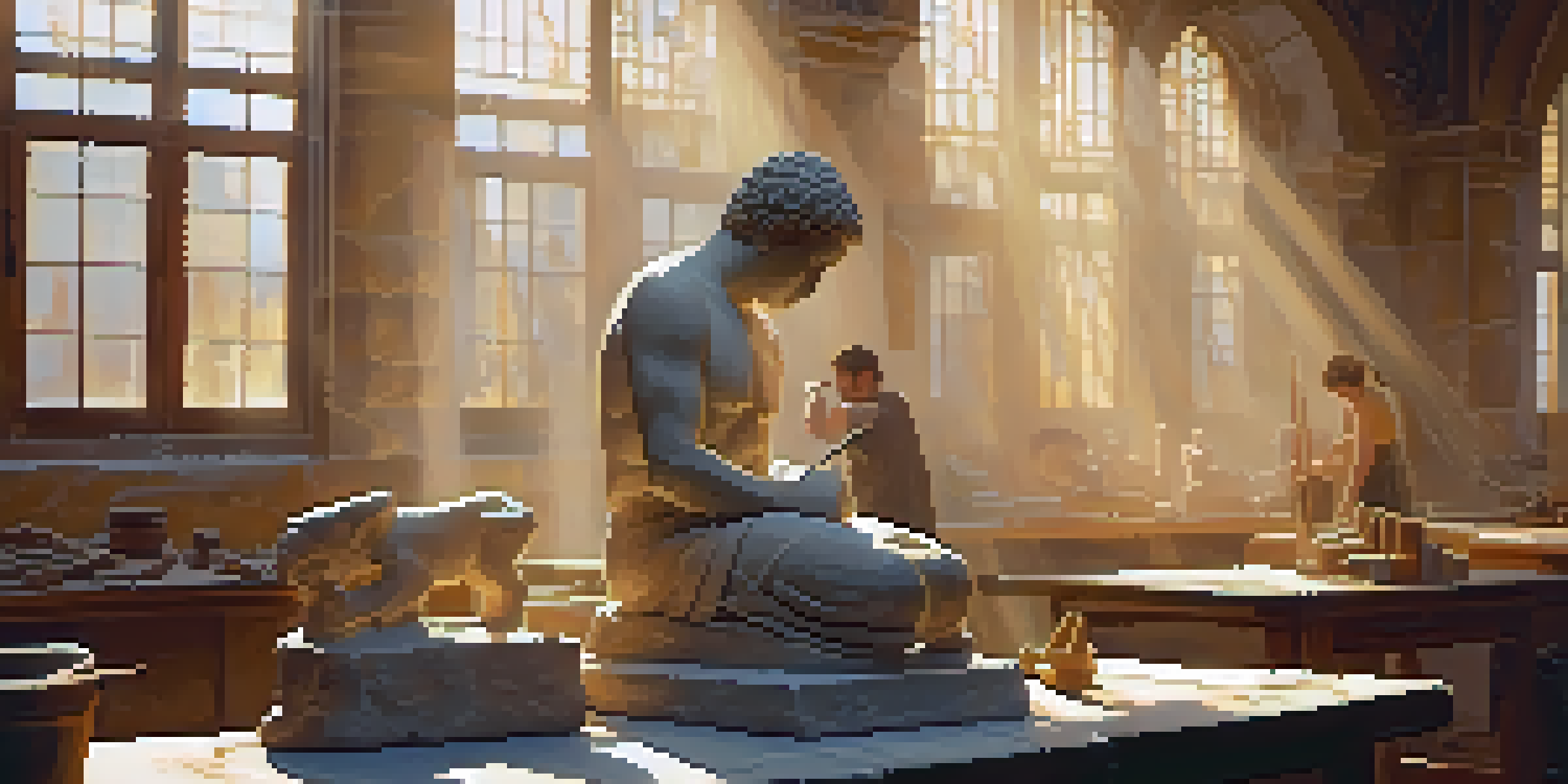 A stone carving workshop with a skilled artisan chiseling a marble statue, surrounded by hand tools and warm sunlight.