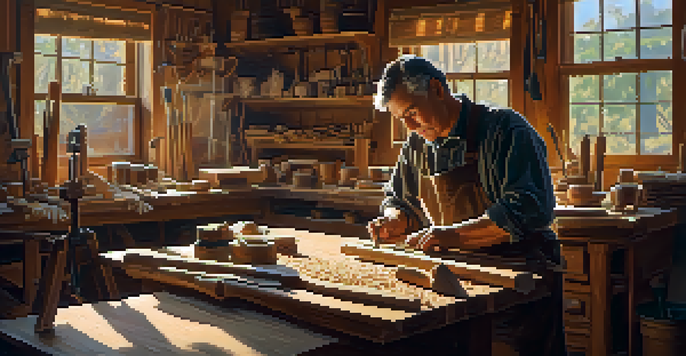 A craftsman deeply focused on carving wood in a well-lit workshop, surrounded by tools and wood shavings.