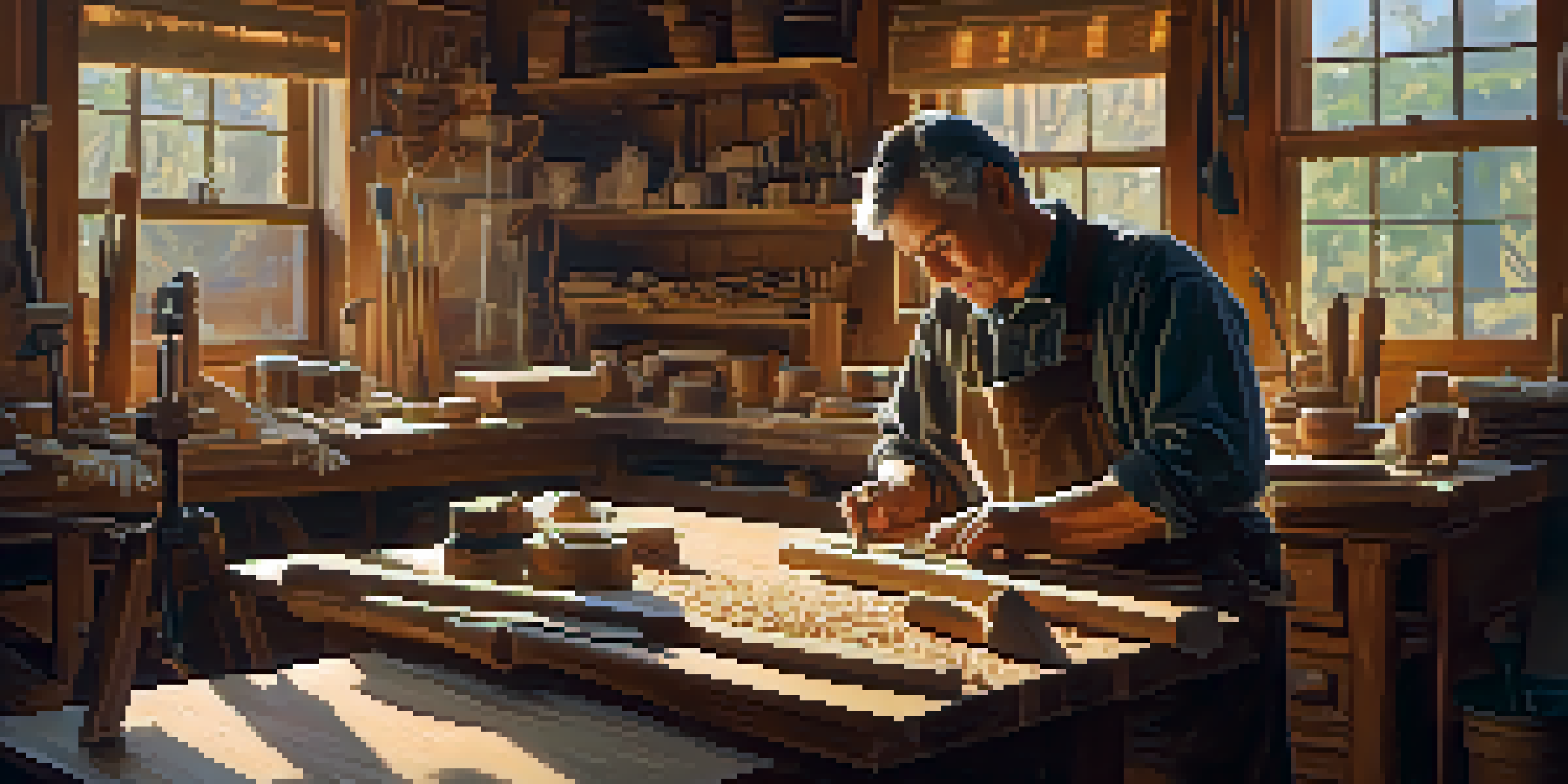 A craftsman deeply focused on carving wood in a well-lit workshop, surrounded by tools and wood shavings.