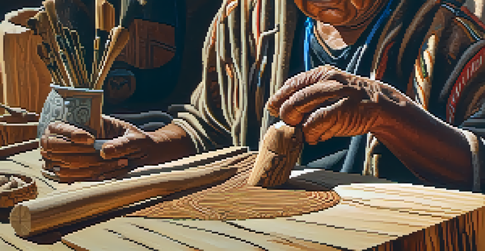 An Indigenous carver working on a cedar wood carving, showcasing intricate designs and natural textures in warm sunlight.