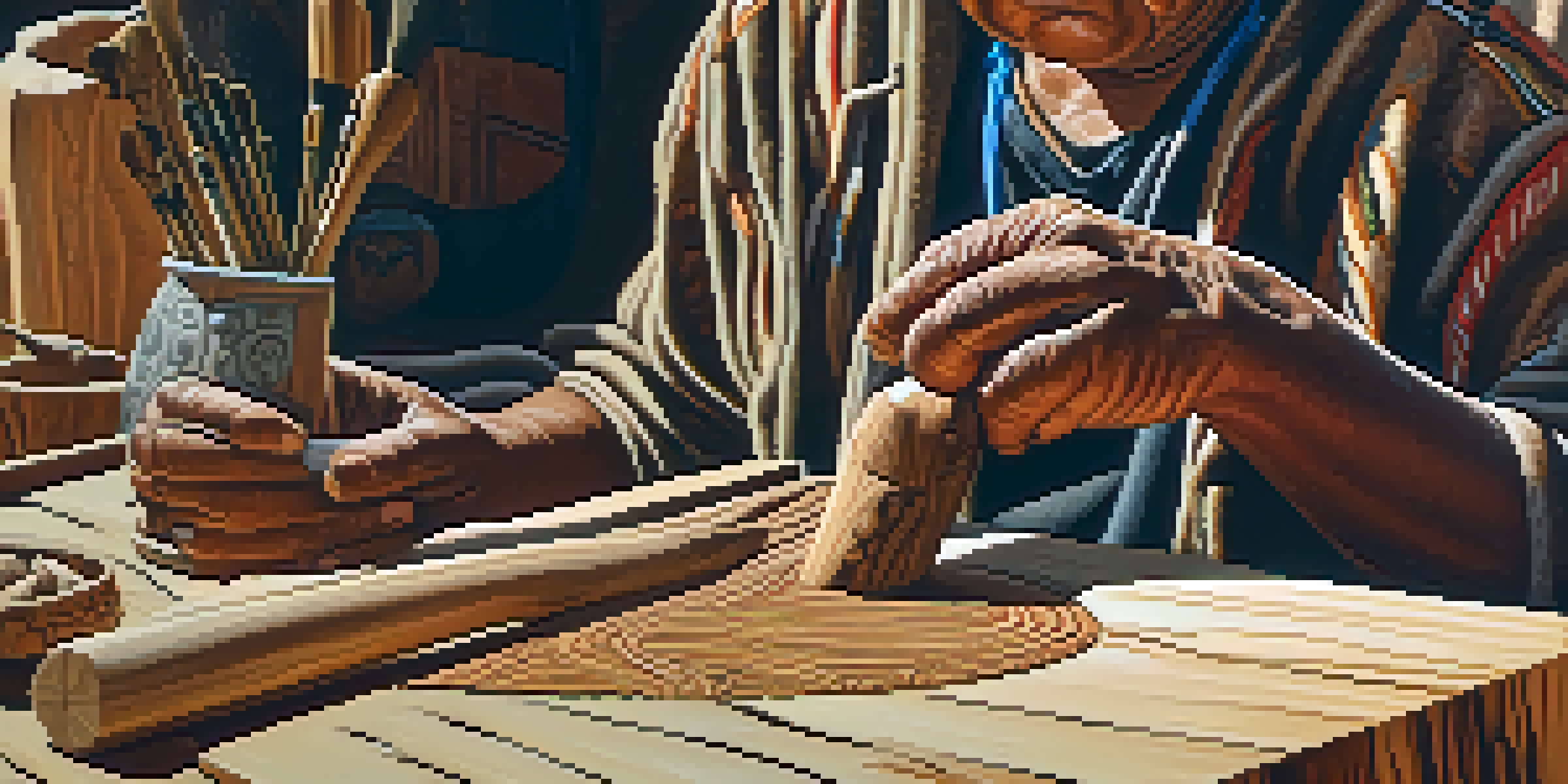 An Indigenous carver working on a cedar wood carving, showcasing intricate designs and natural textures in warm sunlight.