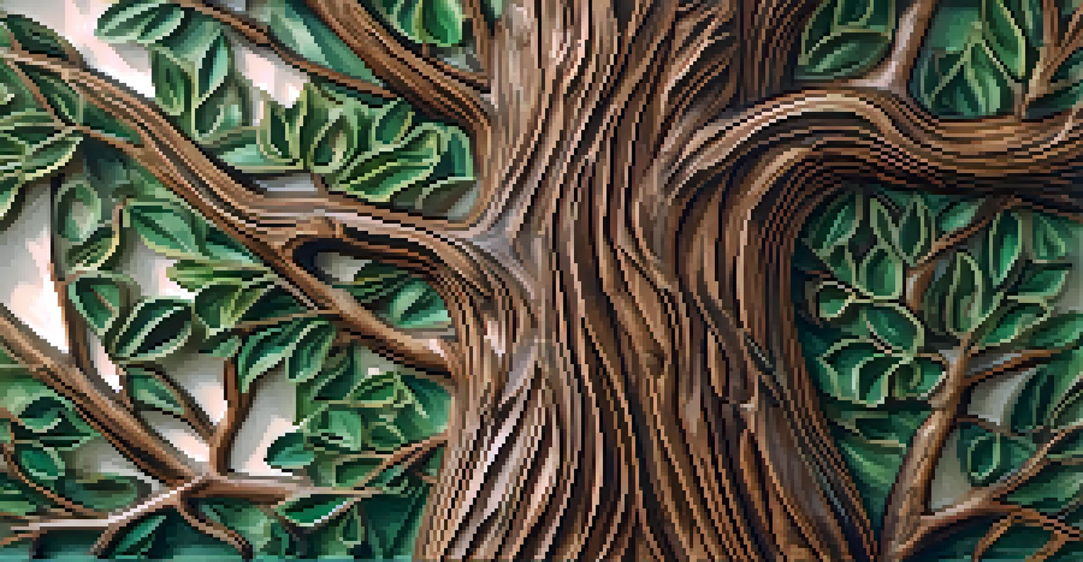 An intricately carved wooden tree with green and brown hues, illuminated by soft natural light.