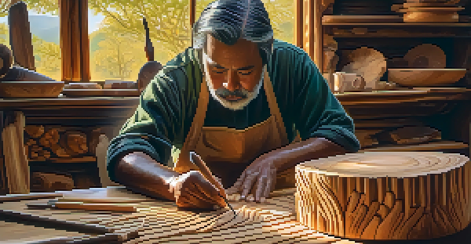 An Indigenous carver working on a piece of cedar wood with traditional tools, illuminated by sunset light, surrounded by trees and a river.