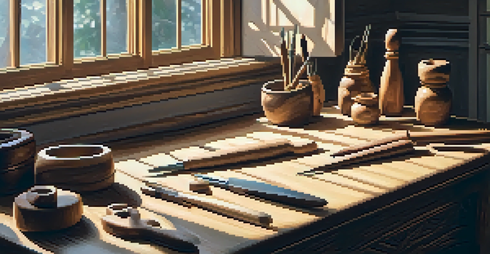 A wooden table with various carving tools and a partially carved wooden figure, illuminated by natural light.
