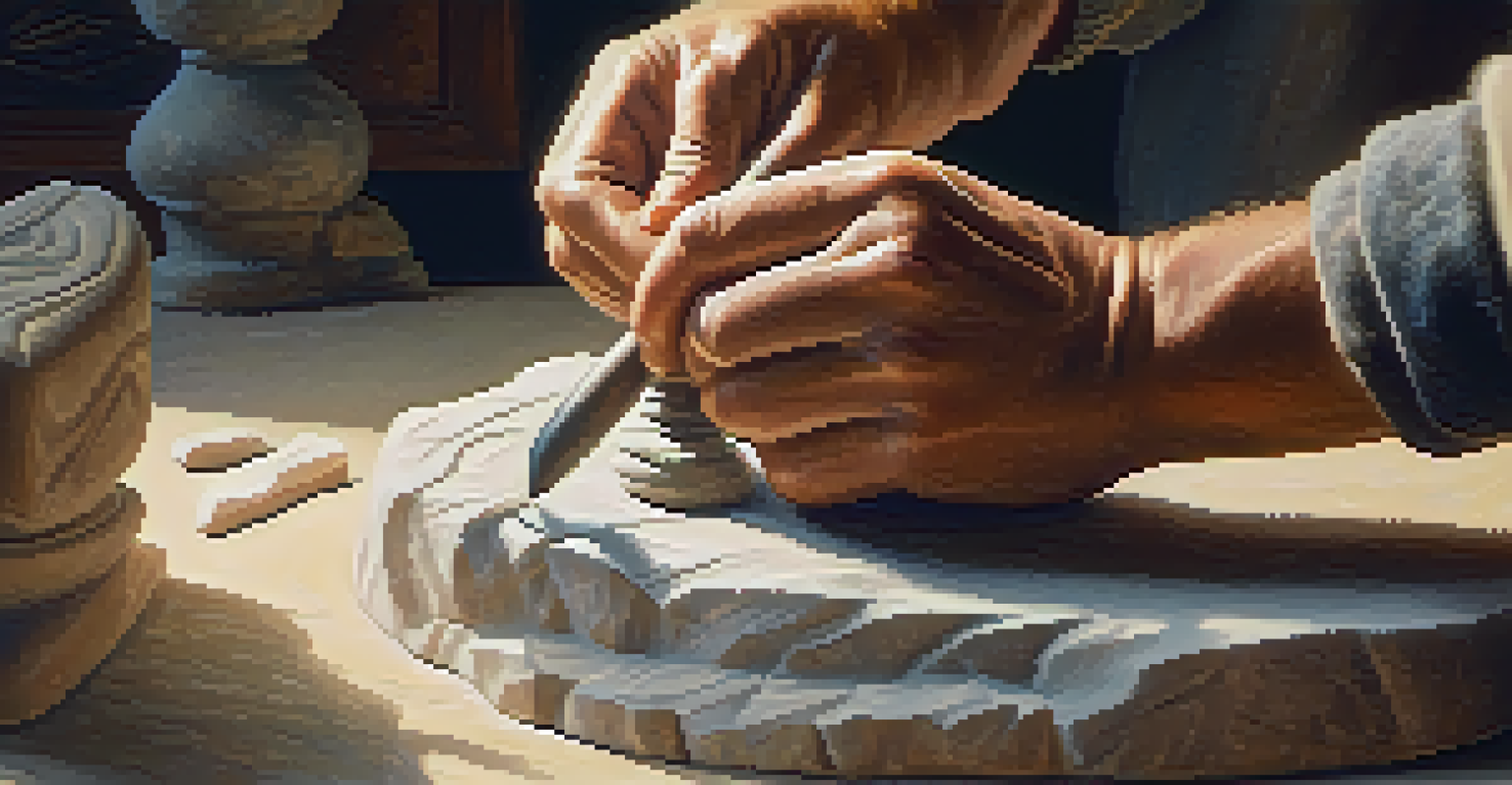 A close-up of hands carving a stone sculpture, showcasing precision and artistry with dust particles in sunlight.