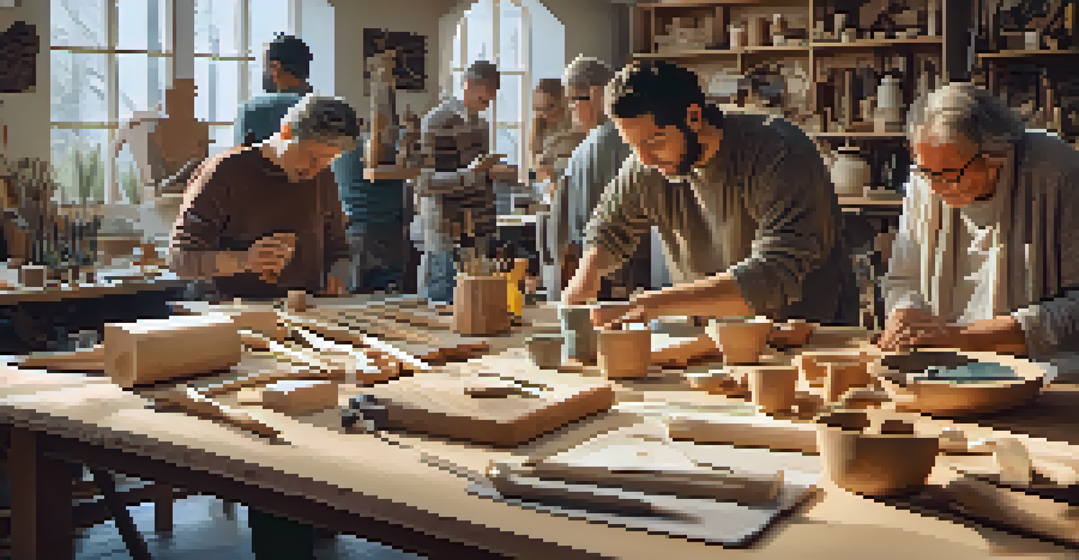 A group of diverse artisans participating in an online carving workshop, surrounded by tools and projects in a warmly lit environment.