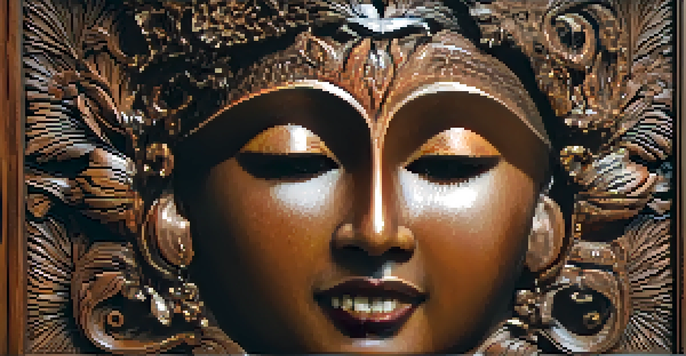 A wooden panel with a detailed face carving surrounded by floral patterns, illuminated by soft lighting.