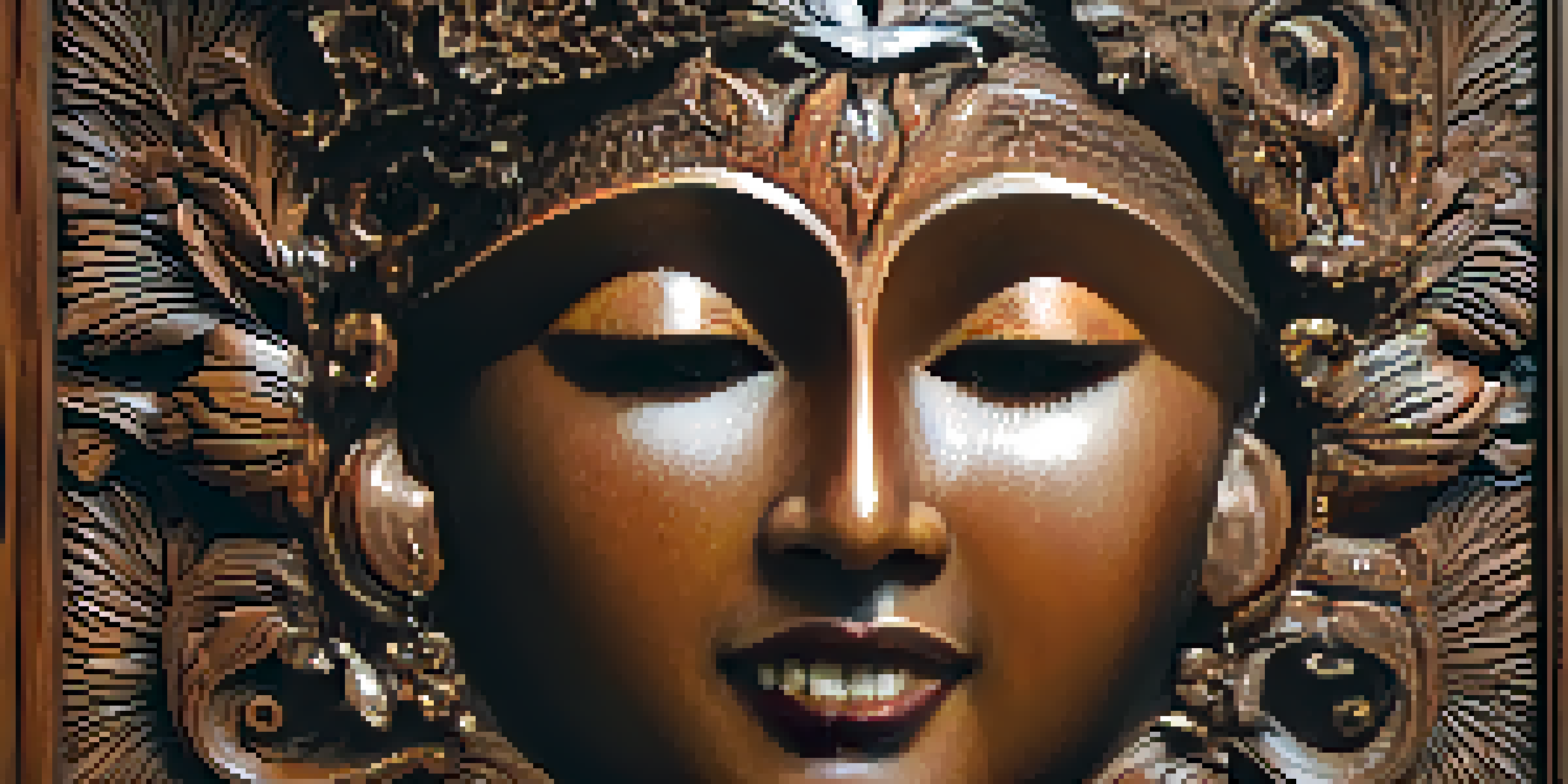 A wooden panel with a detailed face carving surrounded by floral patterns, illuminated by soft lighting.