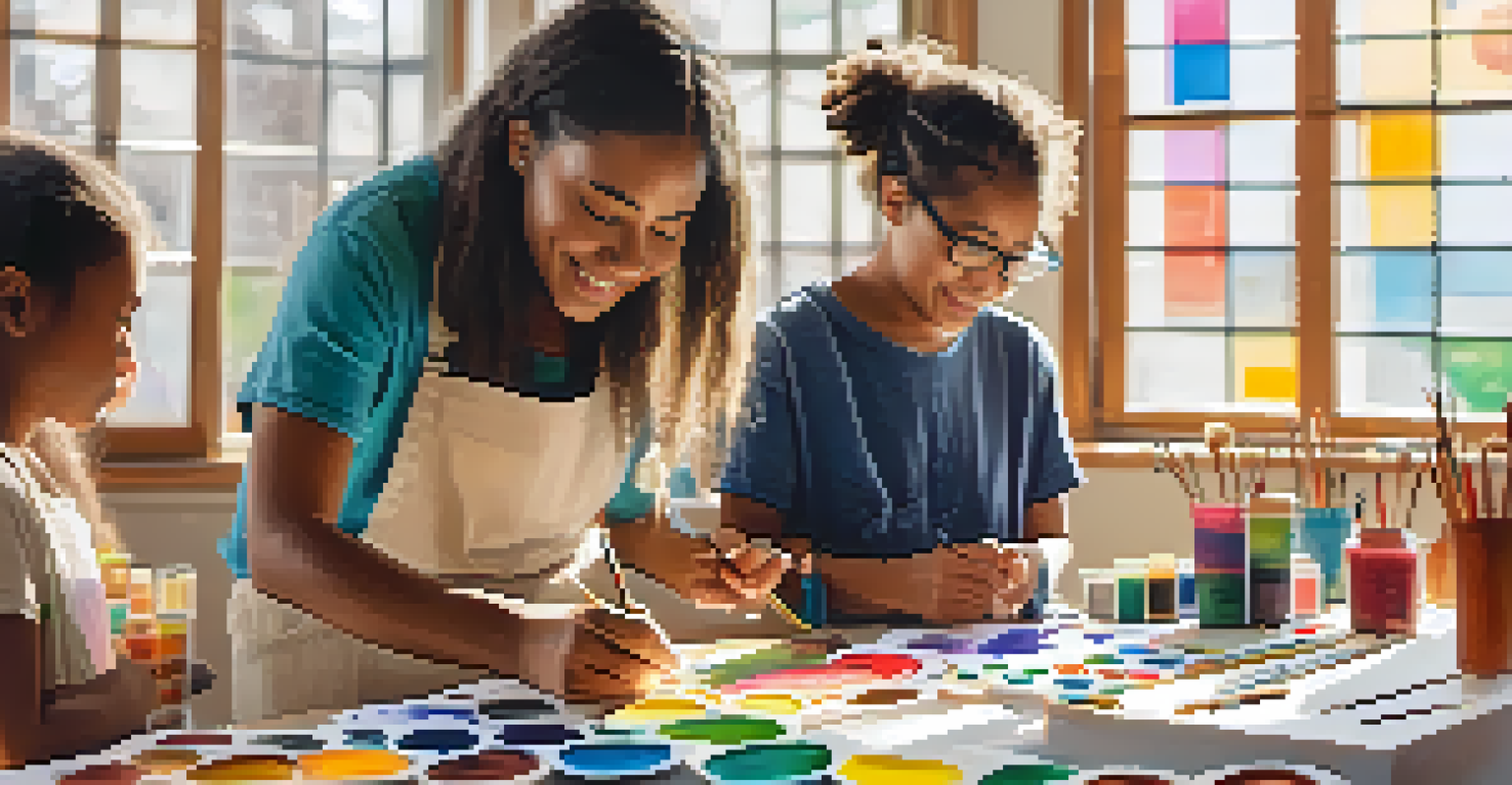 A community art therapy workshop with participants creating art in a warm, inviting space filled with colorful supplies and artworks.