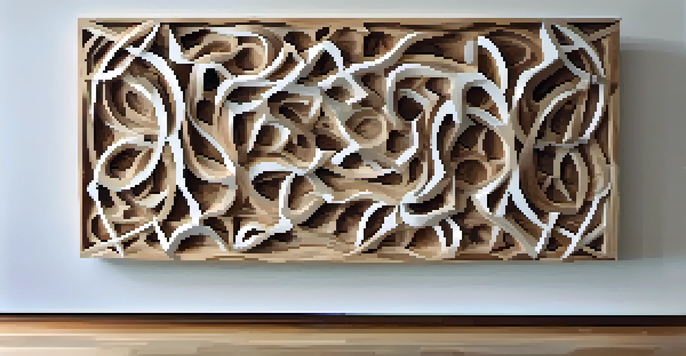 A contemporary sculpture made from reclaimed wood, with intricate carvings, positioned in a sunlit gallery with white walls.